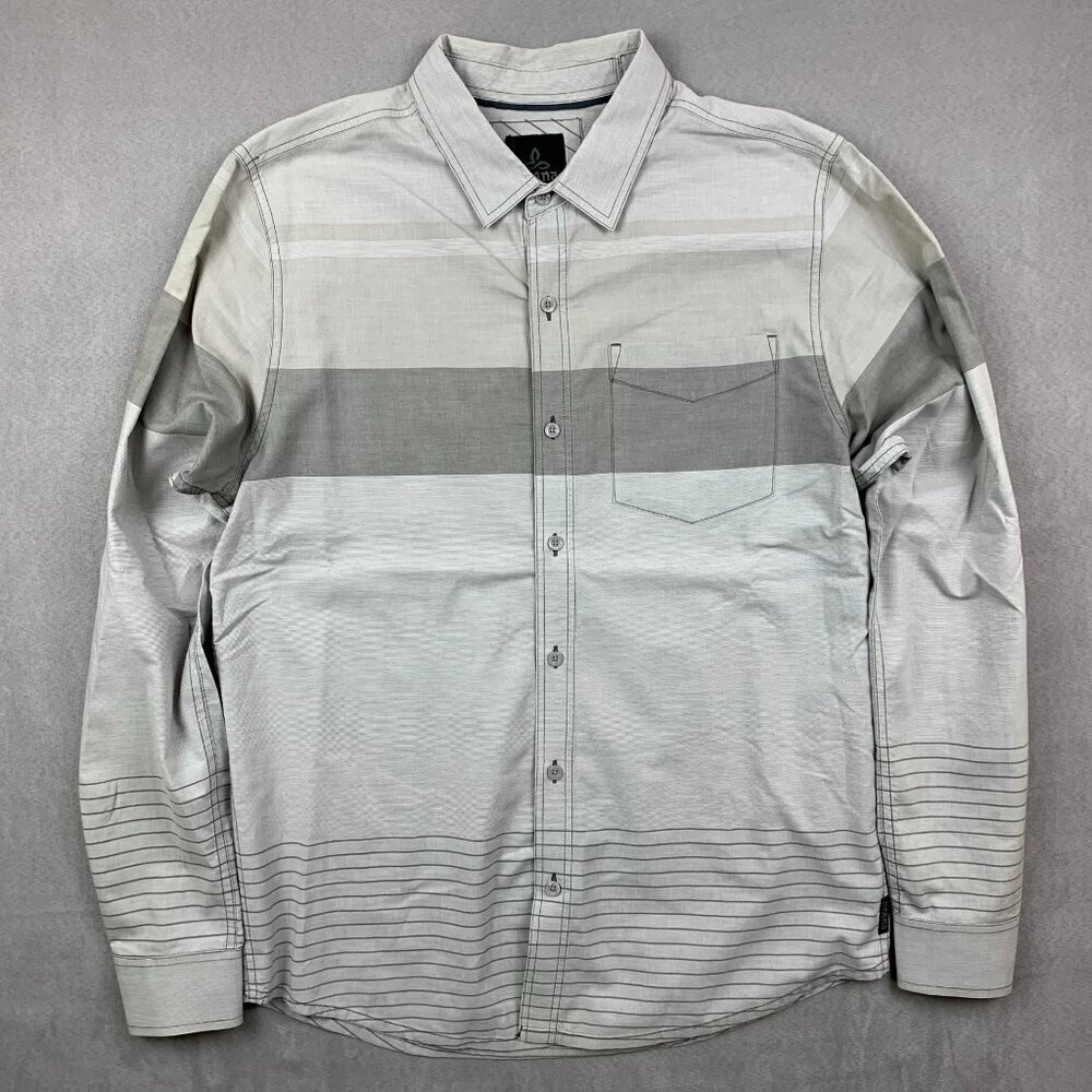 Prana Mens Shirt Medium Gray White Striped Button Up Long Sleeve Organic Cotton